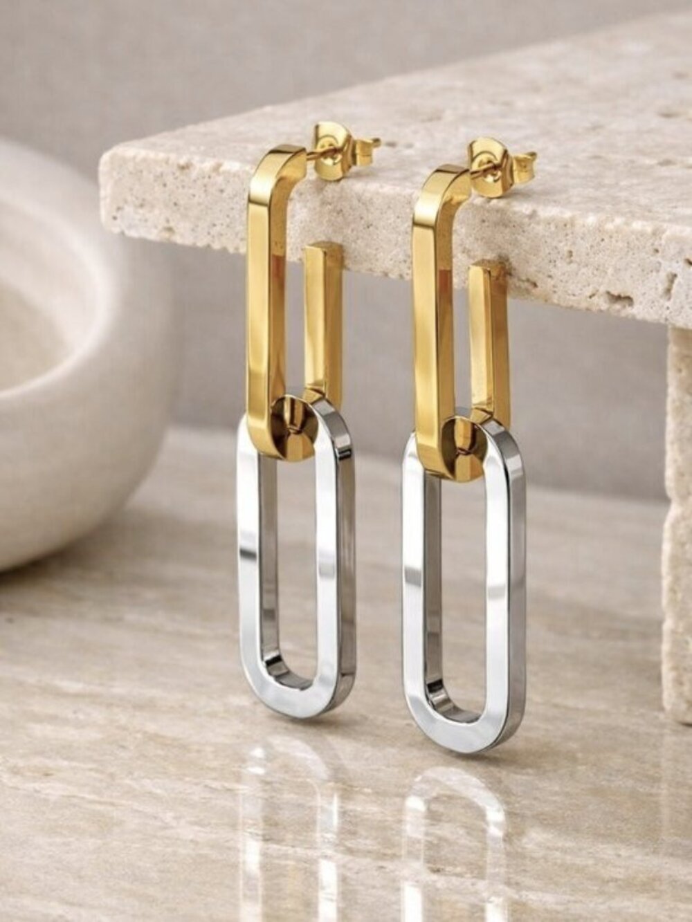 18K Gold Plated 316L SS Two Tone Convertible Link Drop Earrings Old Money 1.5"